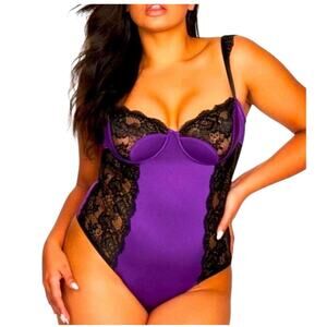 Fredericks of Hollywood Women's Small Ilana Body Suit Purple Black Sheer Lace